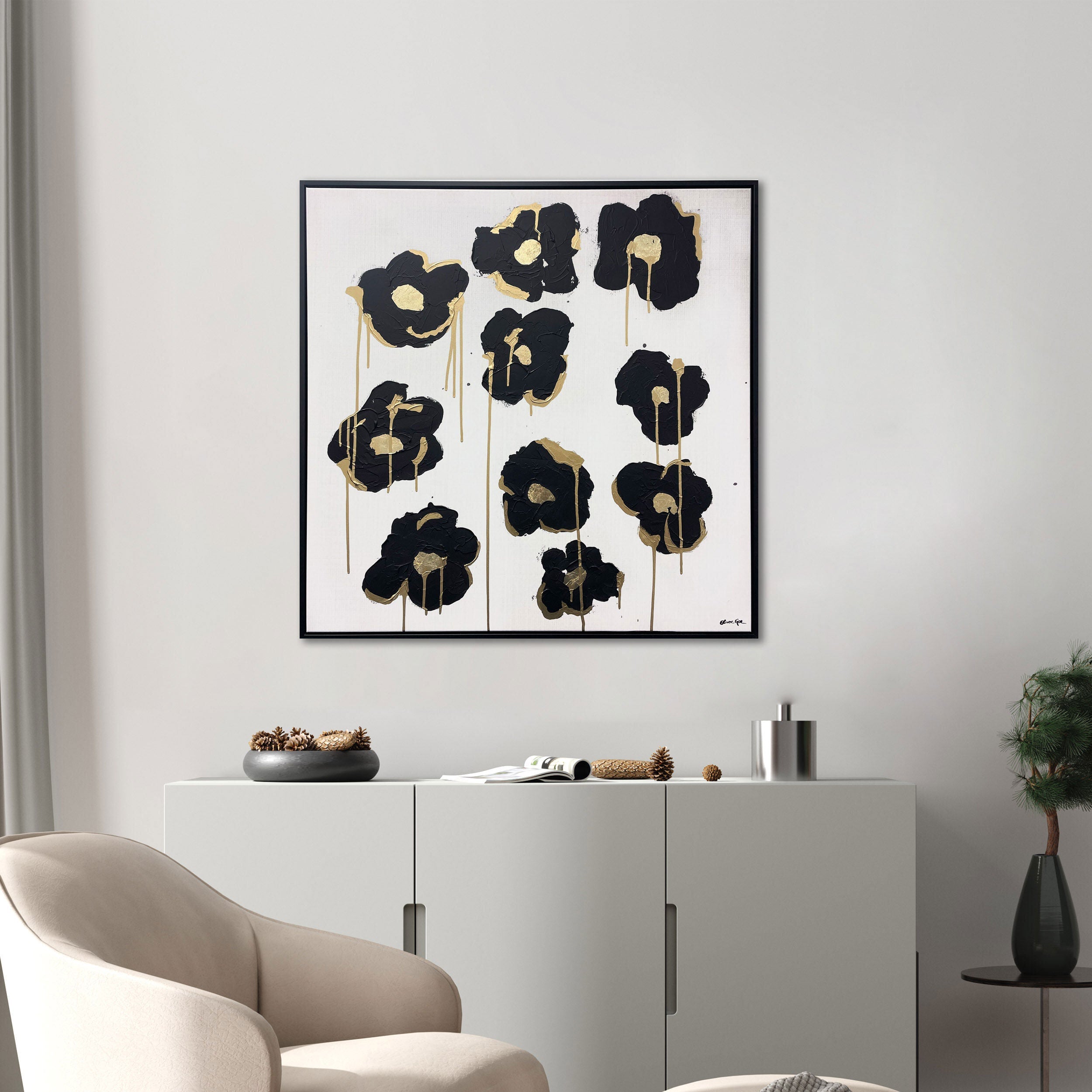 Gilded Camellias- With Hand-Applied Acrylic Paint and Gold Leaf