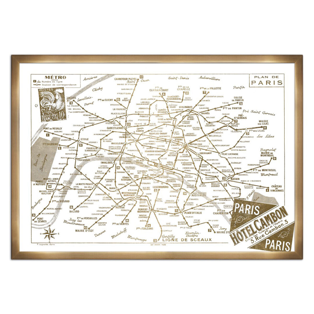 1956 Metro Map of Paris- Gold Metallic Main image