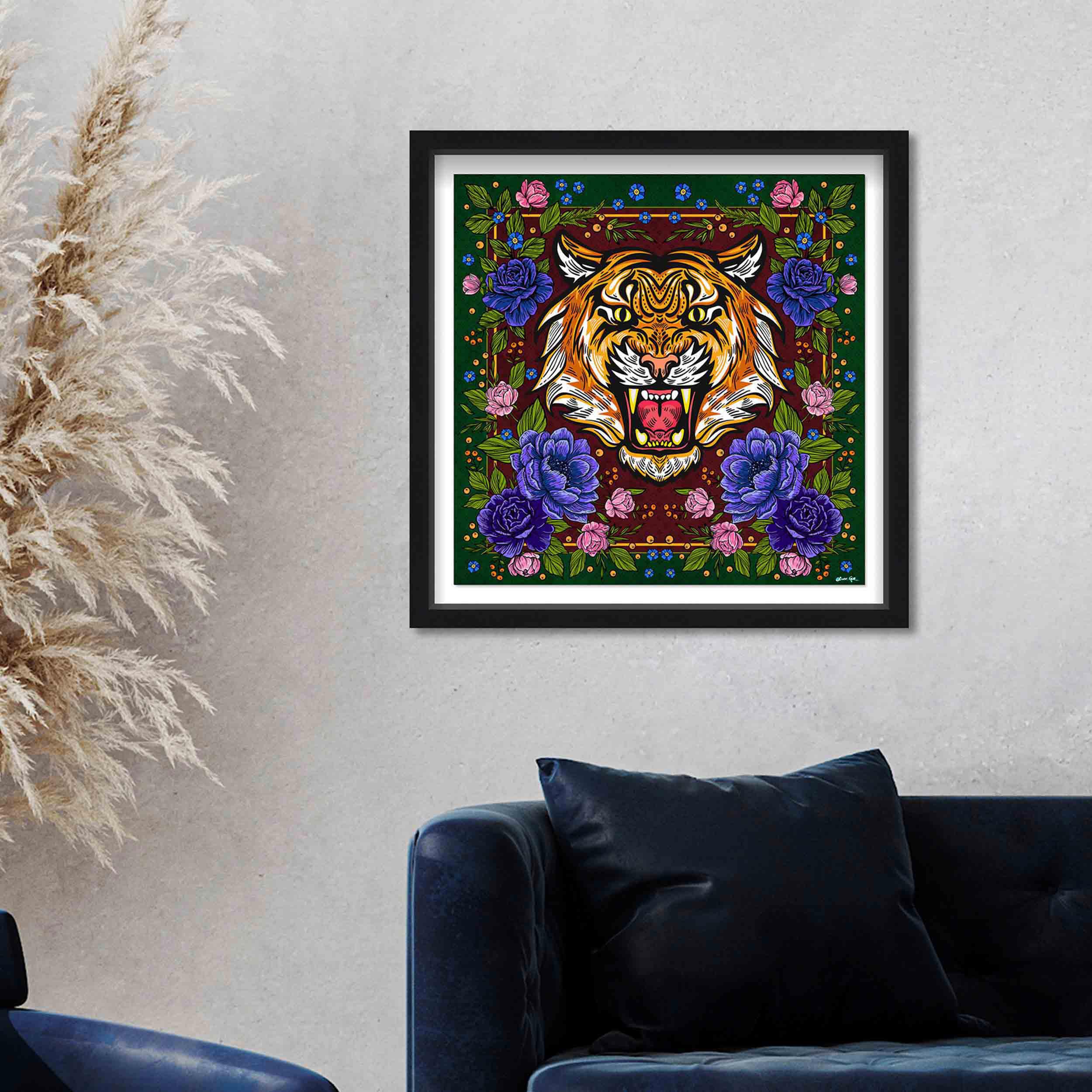 Floral Feline Roses Blue - Displayed in a Shadowbox