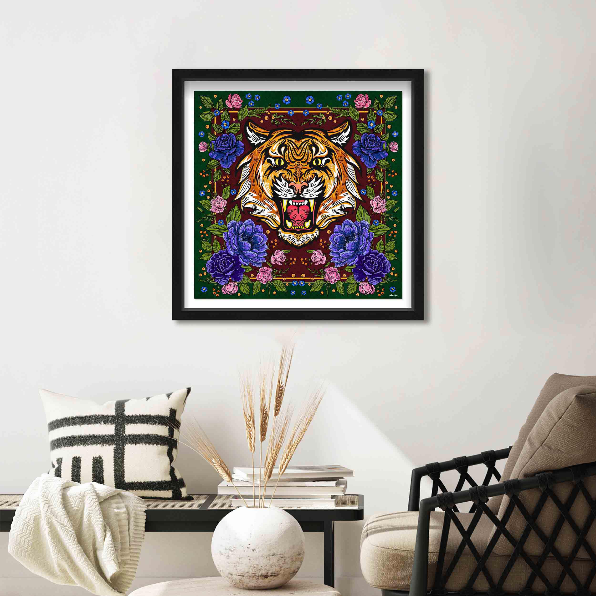 Floral Feline Roses Blue - Displayed in a Shadowbox