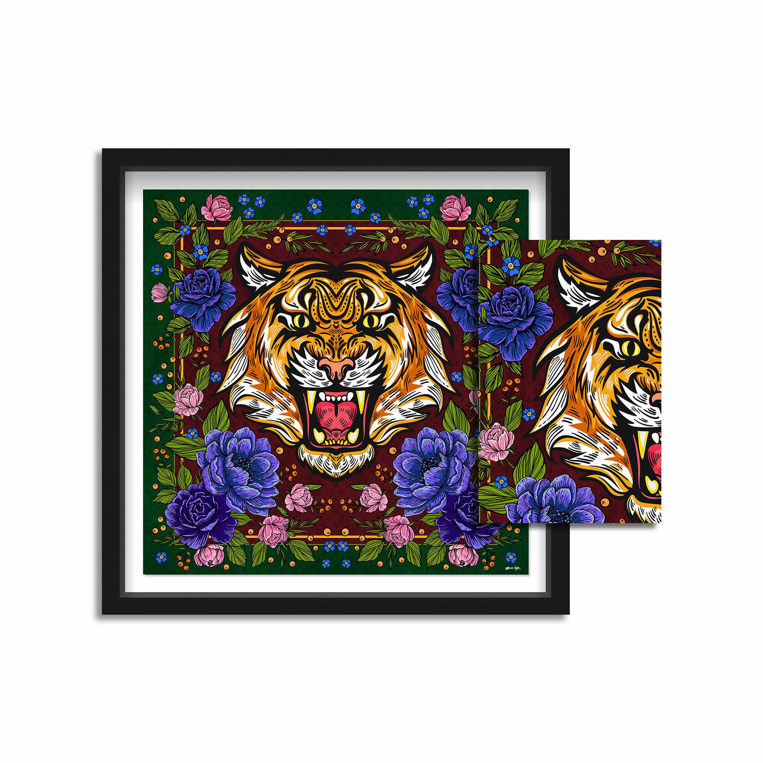 Floral Feline Roses Blue - Displayed in a Shadowbox