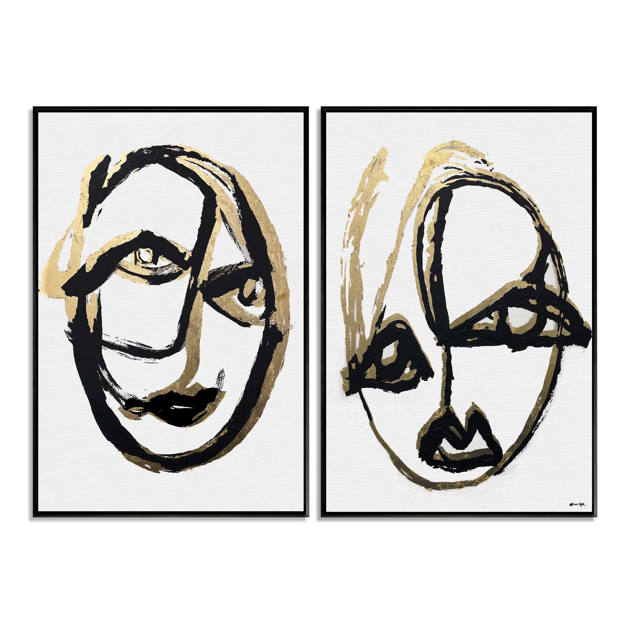 Minimalist Portrait Abstract Set of 2- With Hand-Applied Acrylic Paint and Gold Leaf