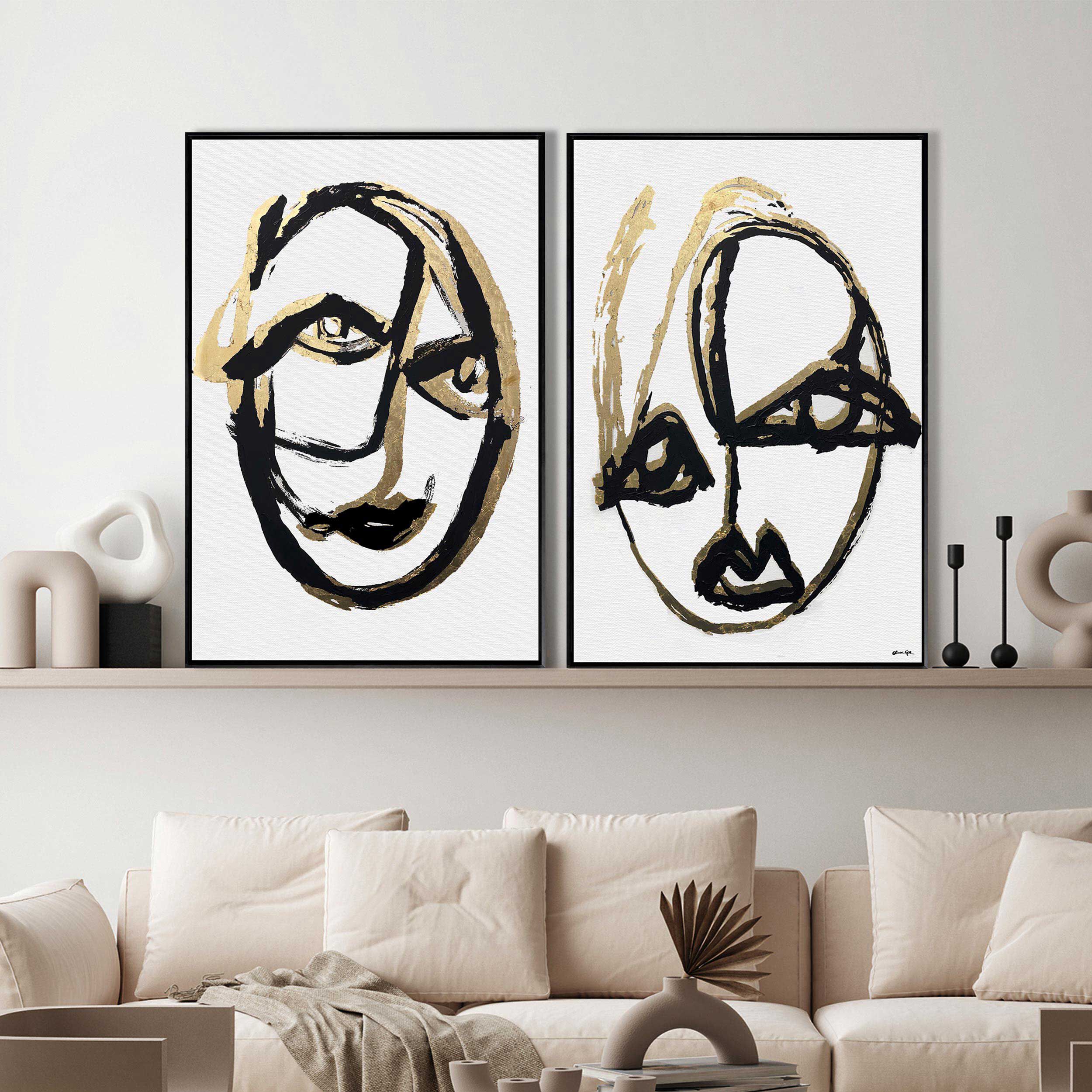 Minimalist Portrait Abstract Set of 2- With Hand-Applied Acrylic Paint and Gold Leaf