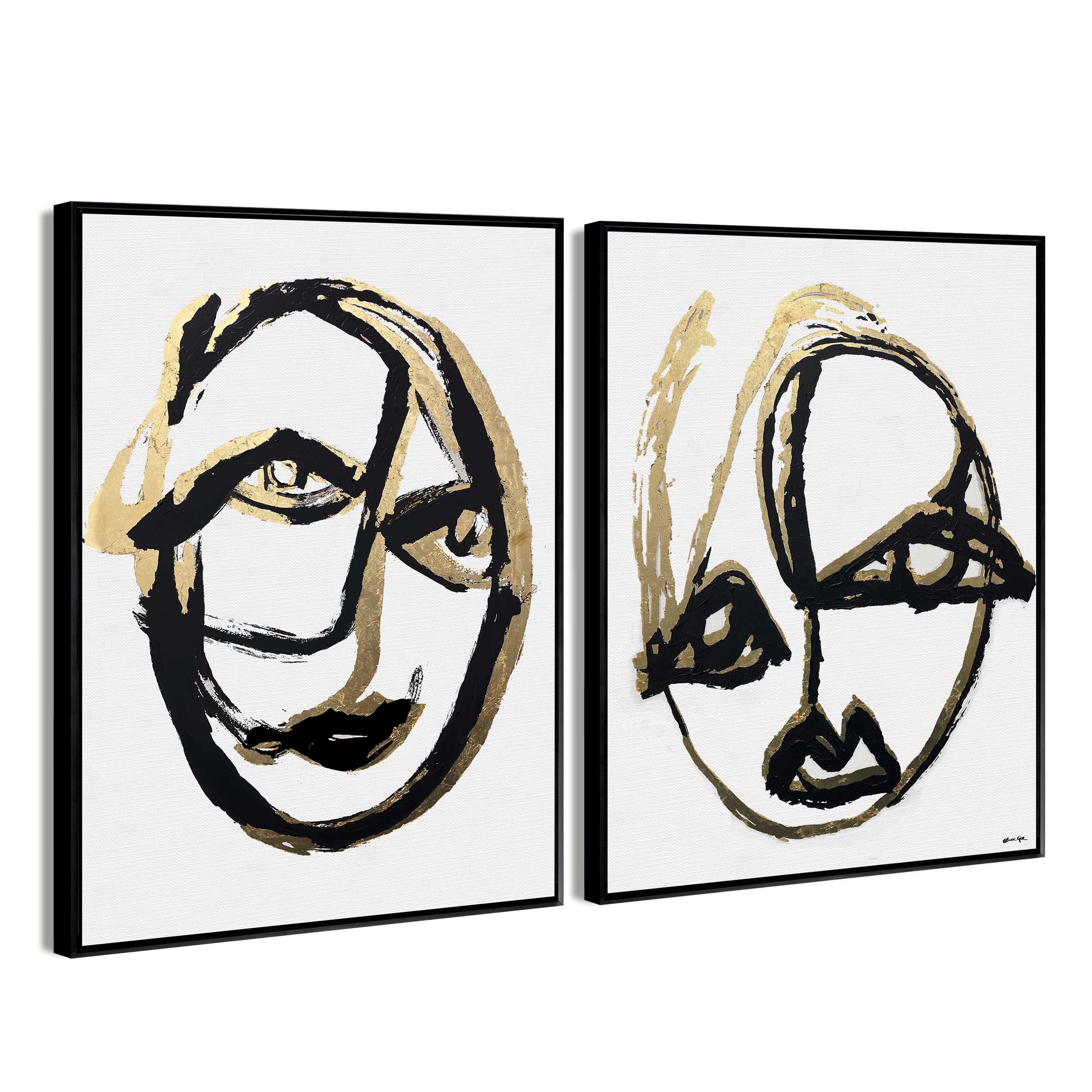 Minimalist Portrait Abstract Set of 2- With Hand-Applied Acrylic Paint and Gold Leaf