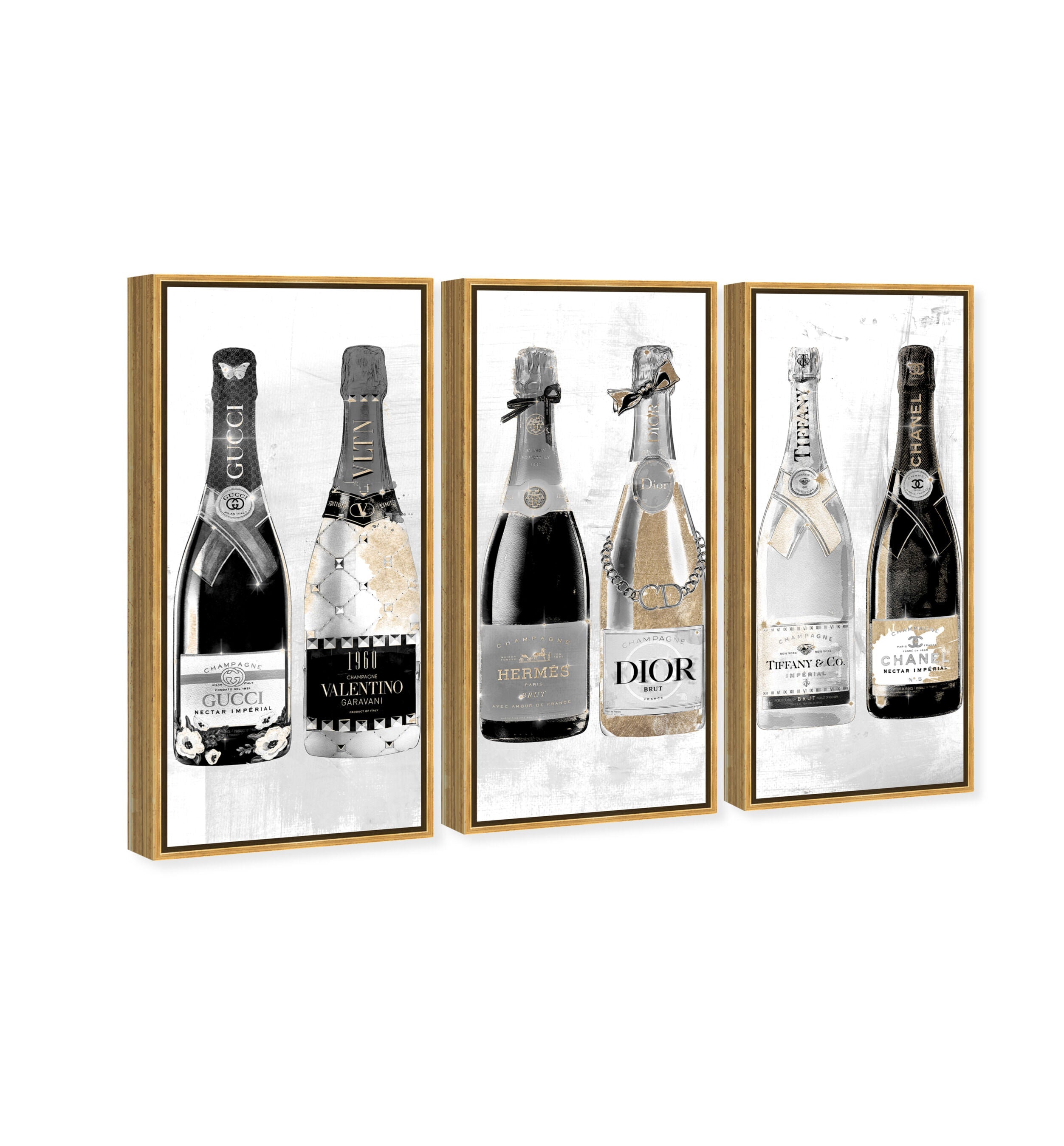 Fashion Champagne Galore Day TRIPTYCH - With hand-applied Shimmer diamond dust