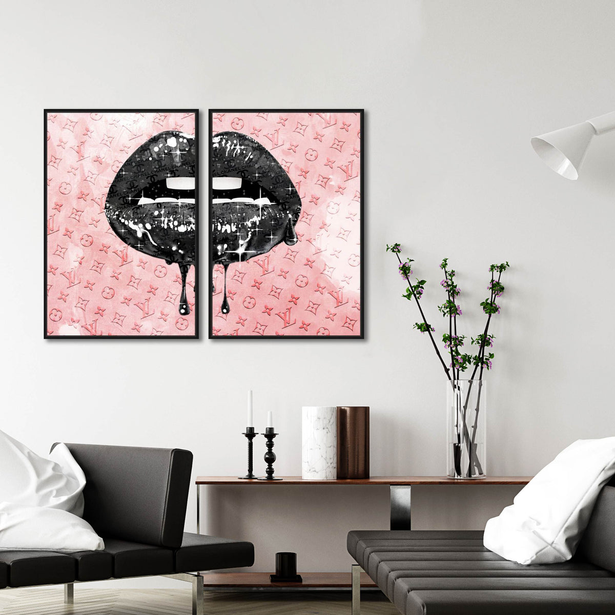 Noir and Blush Lips DIPTYCH - Displayed in a Floating Frame Main image