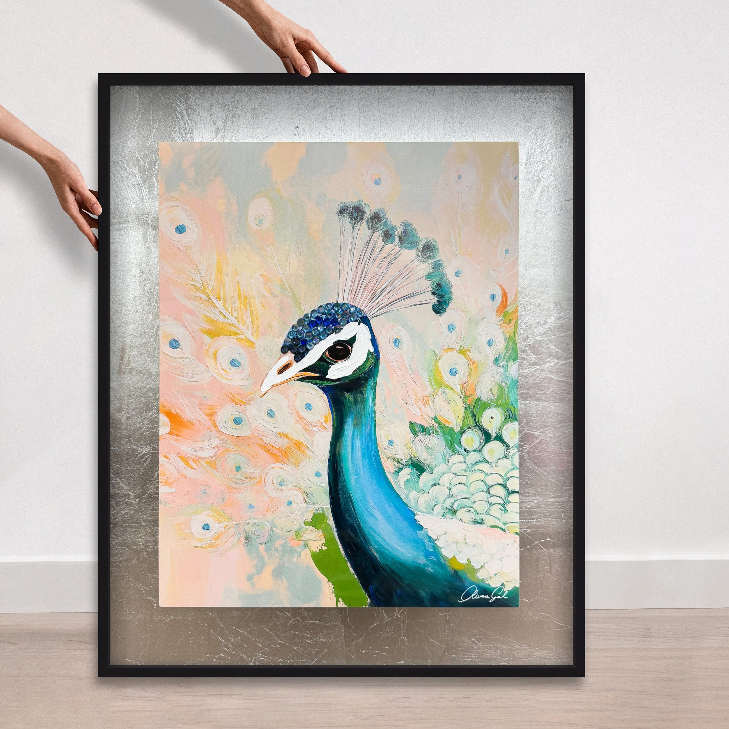 Peacock Closeup Teal and Peach | Hand Embellished Silver Leaf