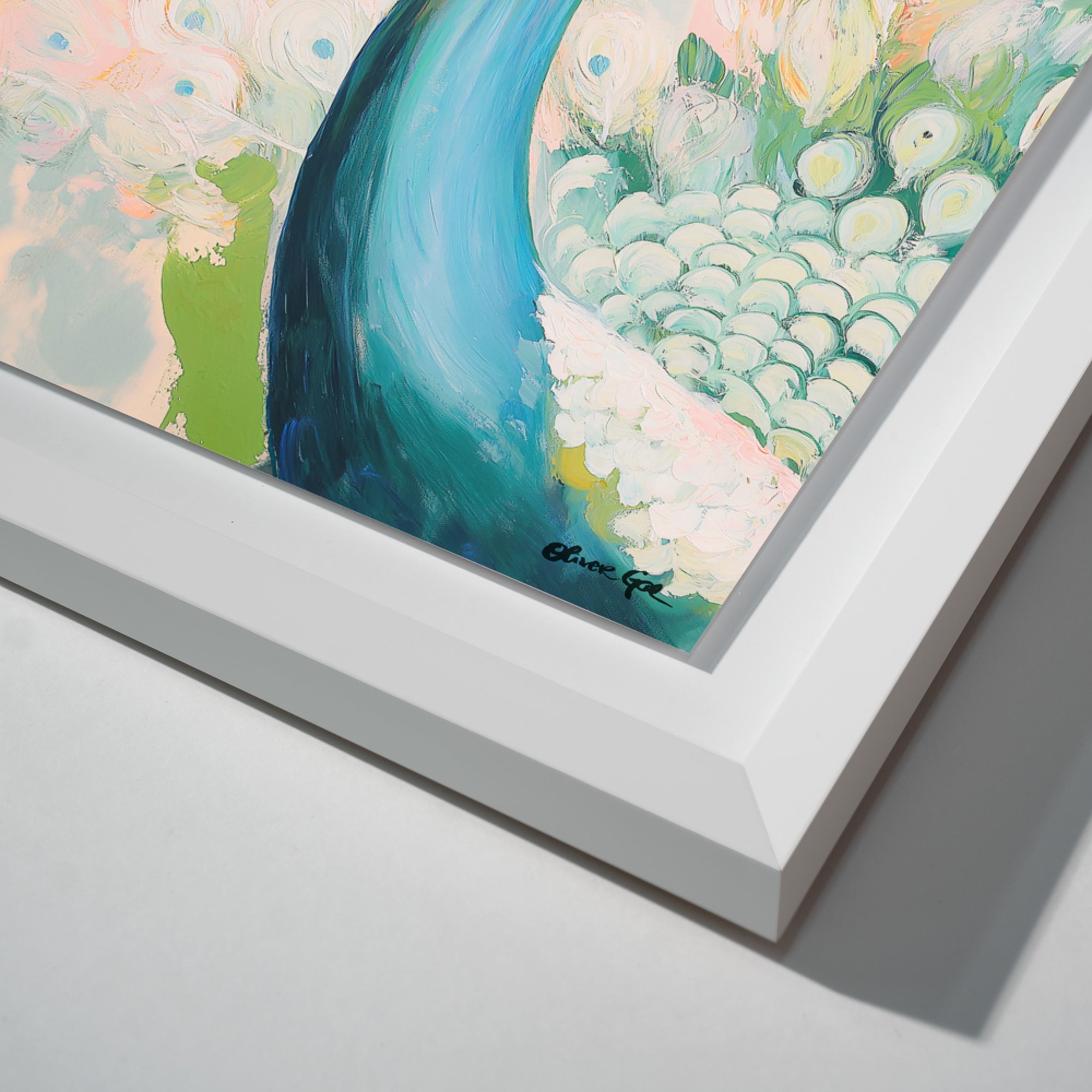 Peacock Closeup Teal and Peach | Hand Embellished Silver Leaf