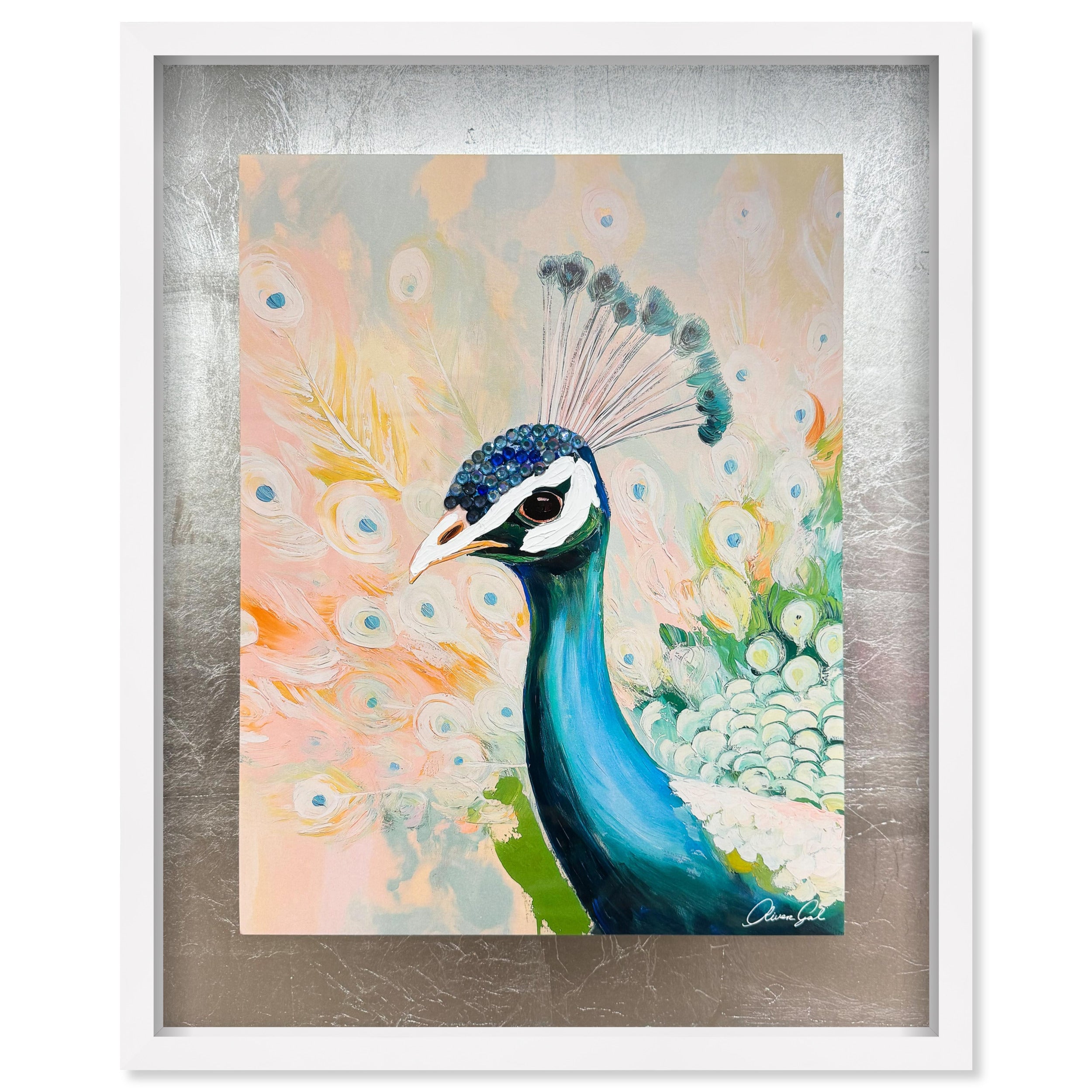 Peacock Closeup Teal and Peach | Hand Embellished Silver Leaf