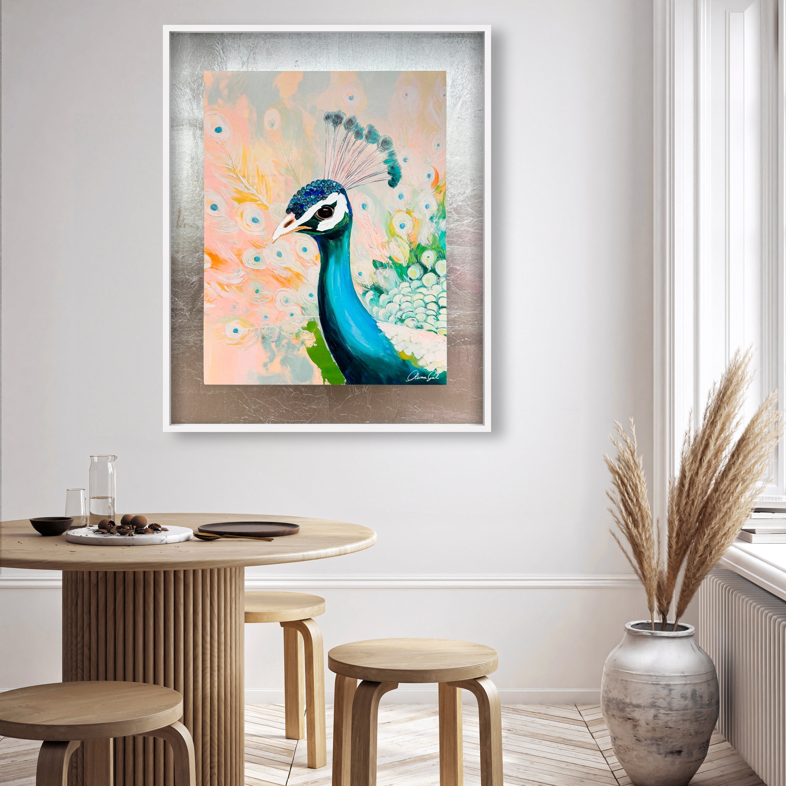 Peacock Closeup Teal and Peach | Hand Embellished Silver Leaf