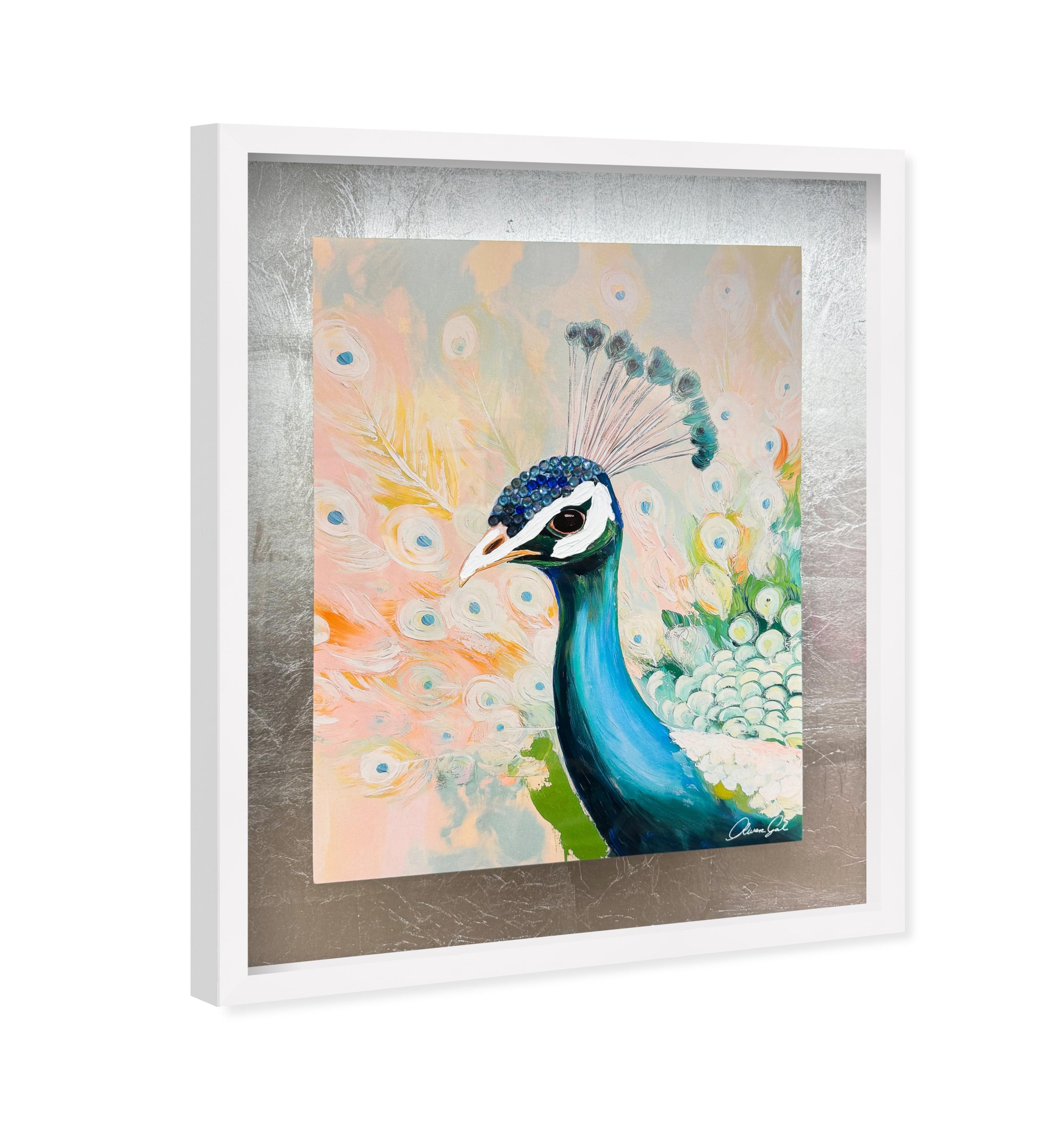 Peacock Closeup Teal and Peach | Hand Embellished Silver Leaf