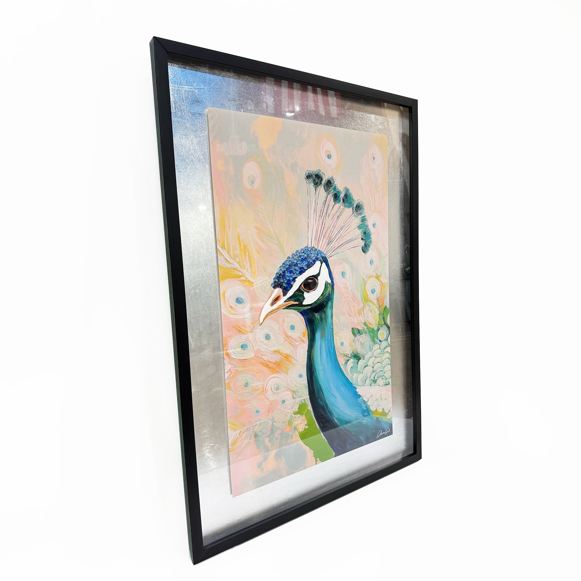 Peacock Closeup Teal and Peach | Hand Embellished Silver Leaf
