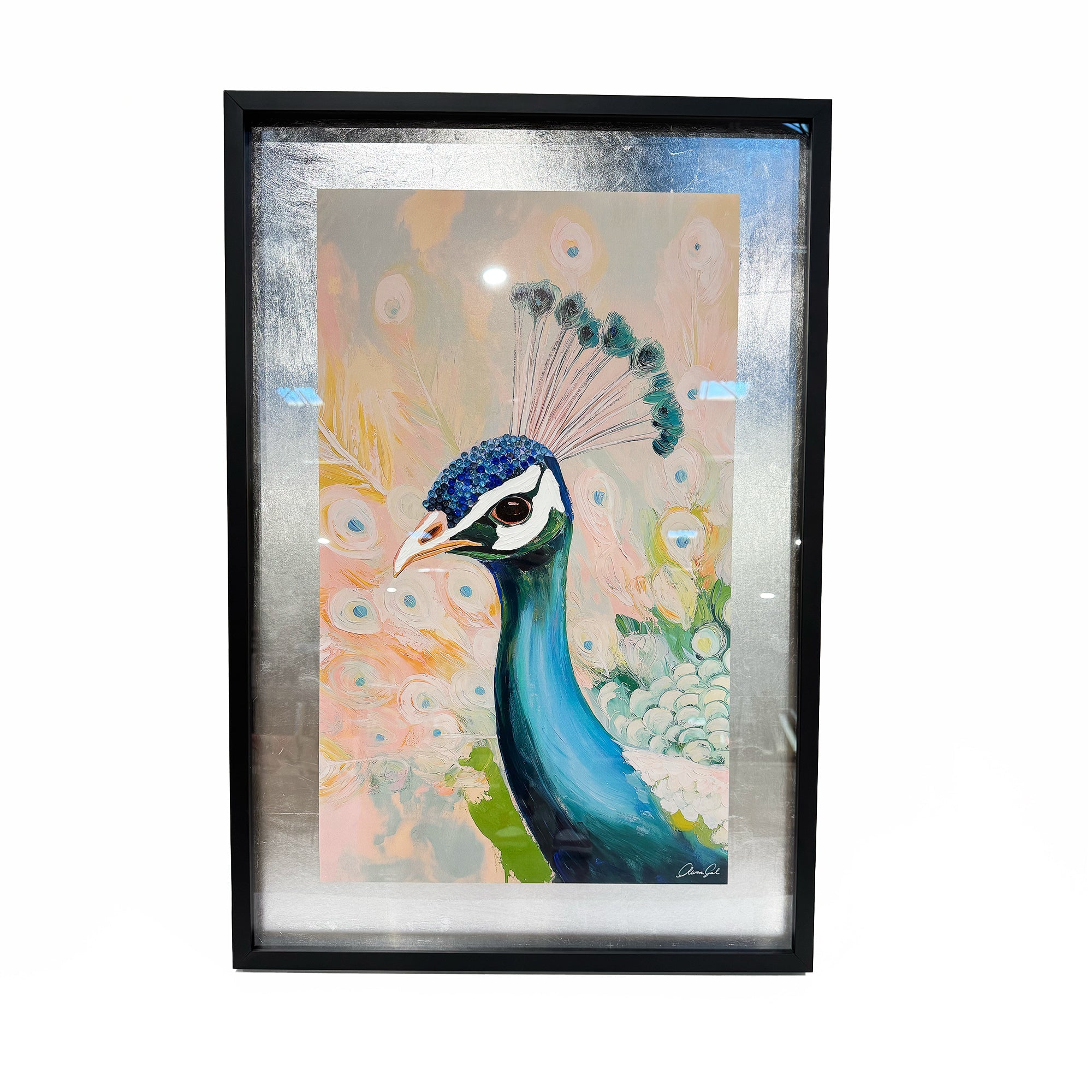 Peacock Closeup Teal and Peach | Hand Embellished Silver Leaf Main image