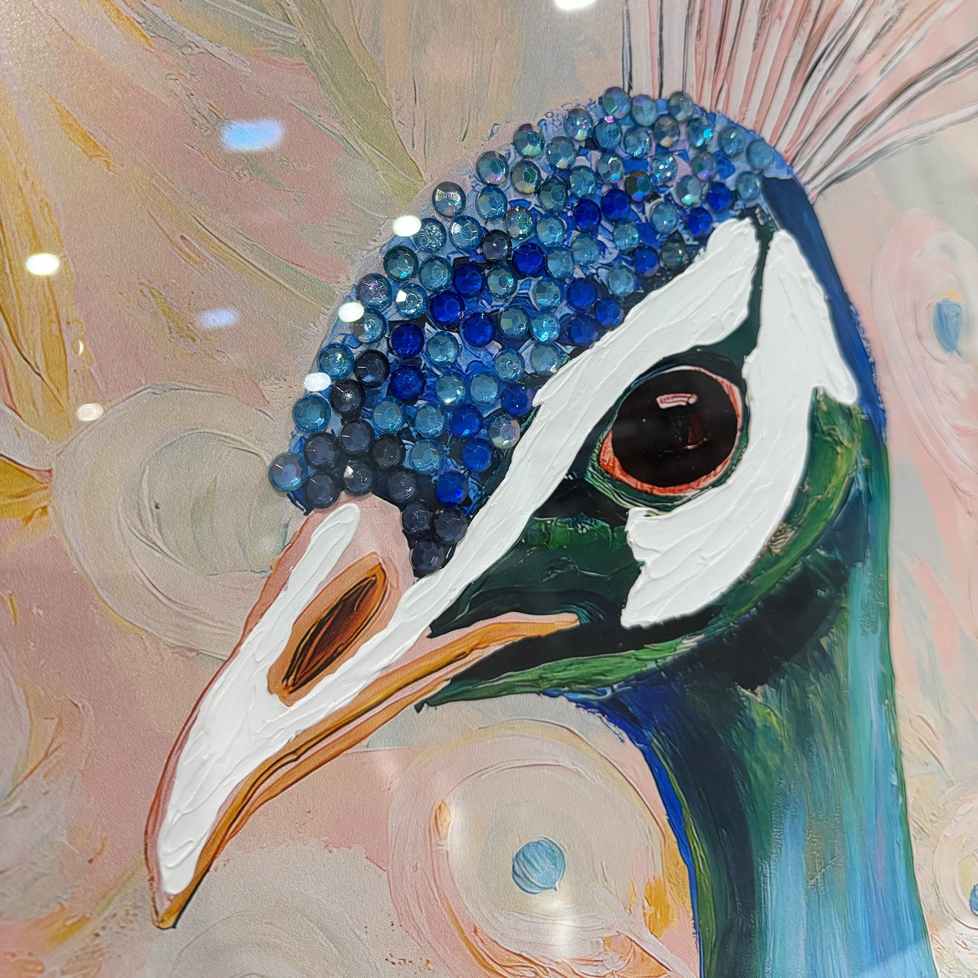 Peacock Closeup Teal and Peach | Hand Embellished Silver Leaf
